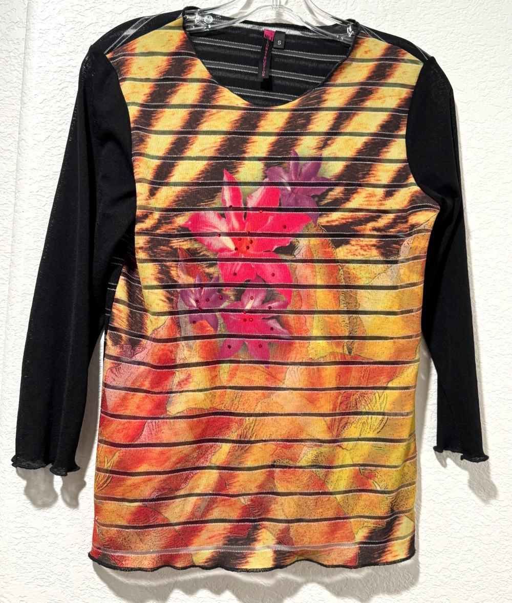 Y2K Vtg Artsy Sheer Mesh 3/4 Sleeve Top Sz S Boho Bright Floral Fairycore NU